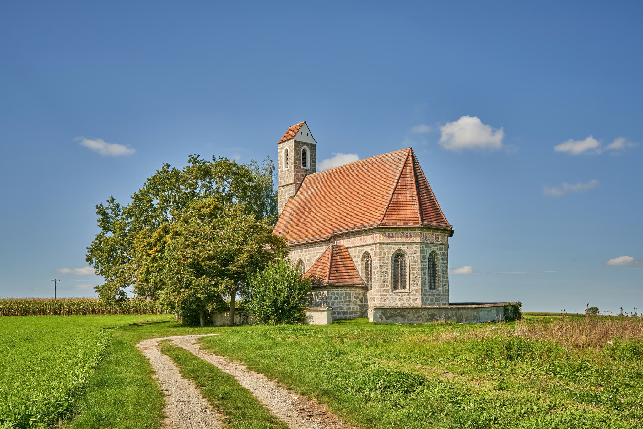 Kirche St. Alban, Peterskirchen, Tacherting, Landkreis Traunstein, Oberbayern. Motiv der Kirche umgeben von Feldern im Chiemgau, Deutschland.