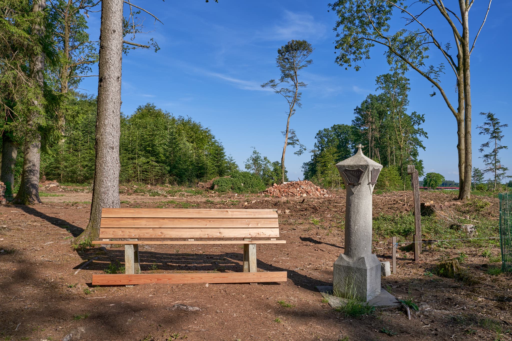 Bild zeigt einen Diozesangrenzstein und eine Bank in Massing, Rottal-Inn, Niederbayern, Holzland, Deutschland. Waldlichtung mit jungen Bäumen.