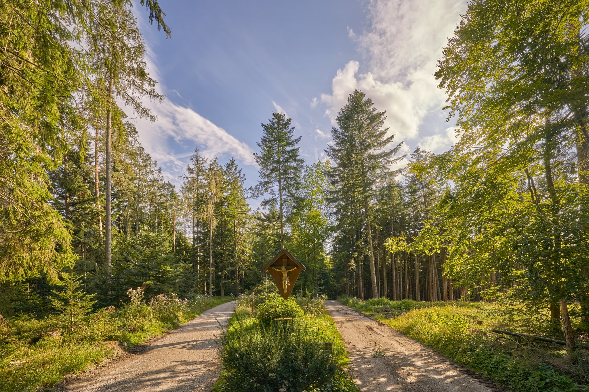 Wegkreuz im Wald bei Schellenberg, Simbach am Inn. Rottal-Inn, Niederbayern, Holzland/Bäderdreieck, Bayern, Deutschland.