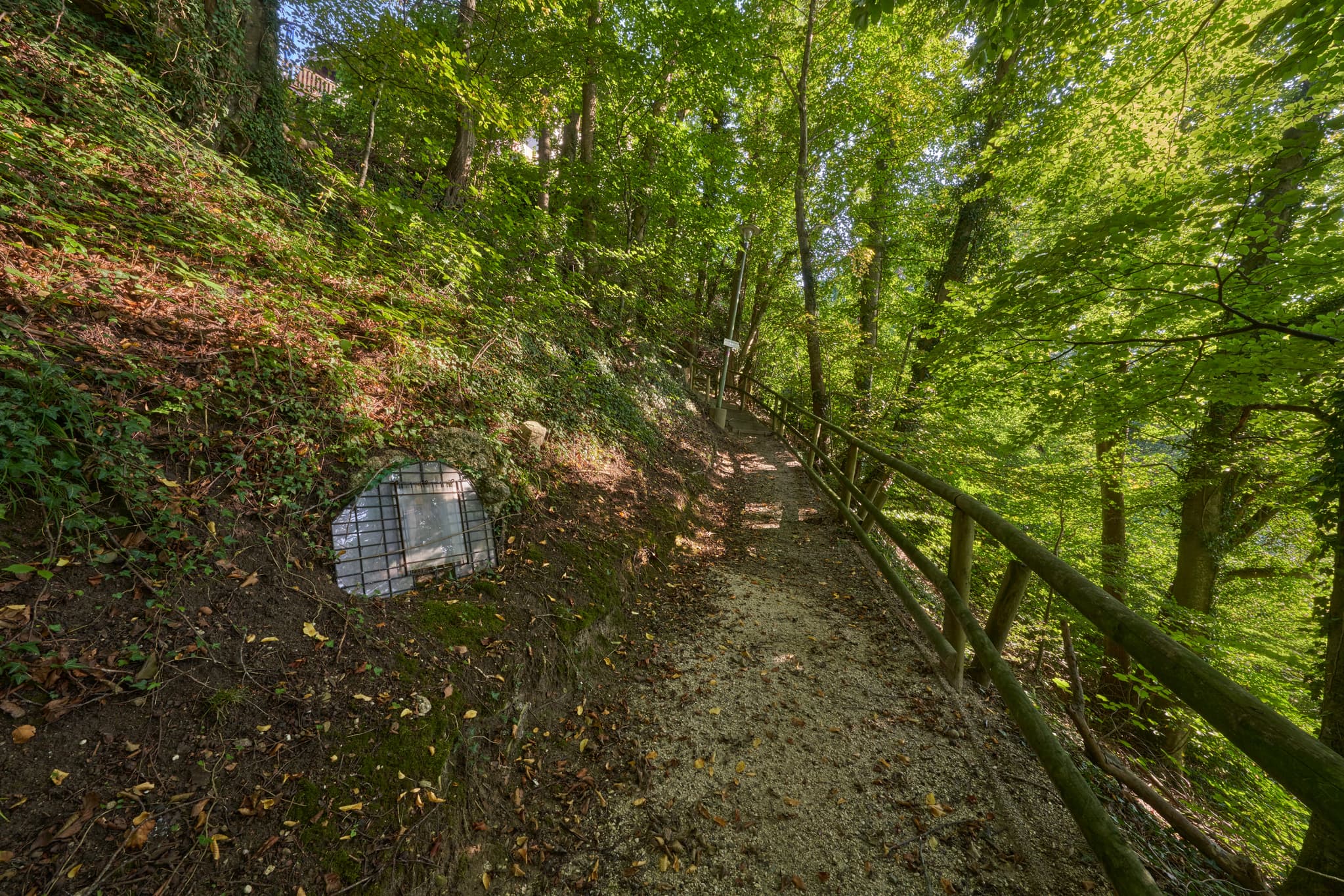 Pilgerweg Margarethenberg, Burgkirchen, Altötting, Oberbayern, Inn-Salzach, Deutschland. Waldweg mit Holzzaun und Gitter am Hang. Grüne Naturlandschaft.
