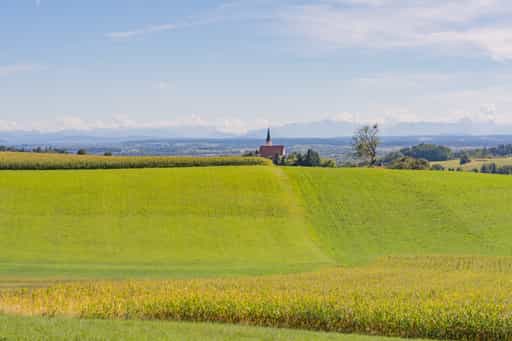 Alpenblick mit Pfarrkirche, Hinterndobl, Rottal-Inn