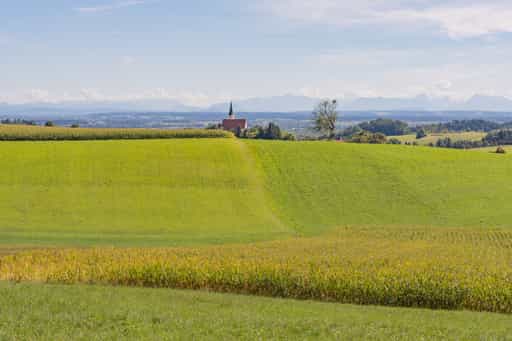 Alpenblick mit Pfarrkirche, Hinterndobl, Rottal-Inn